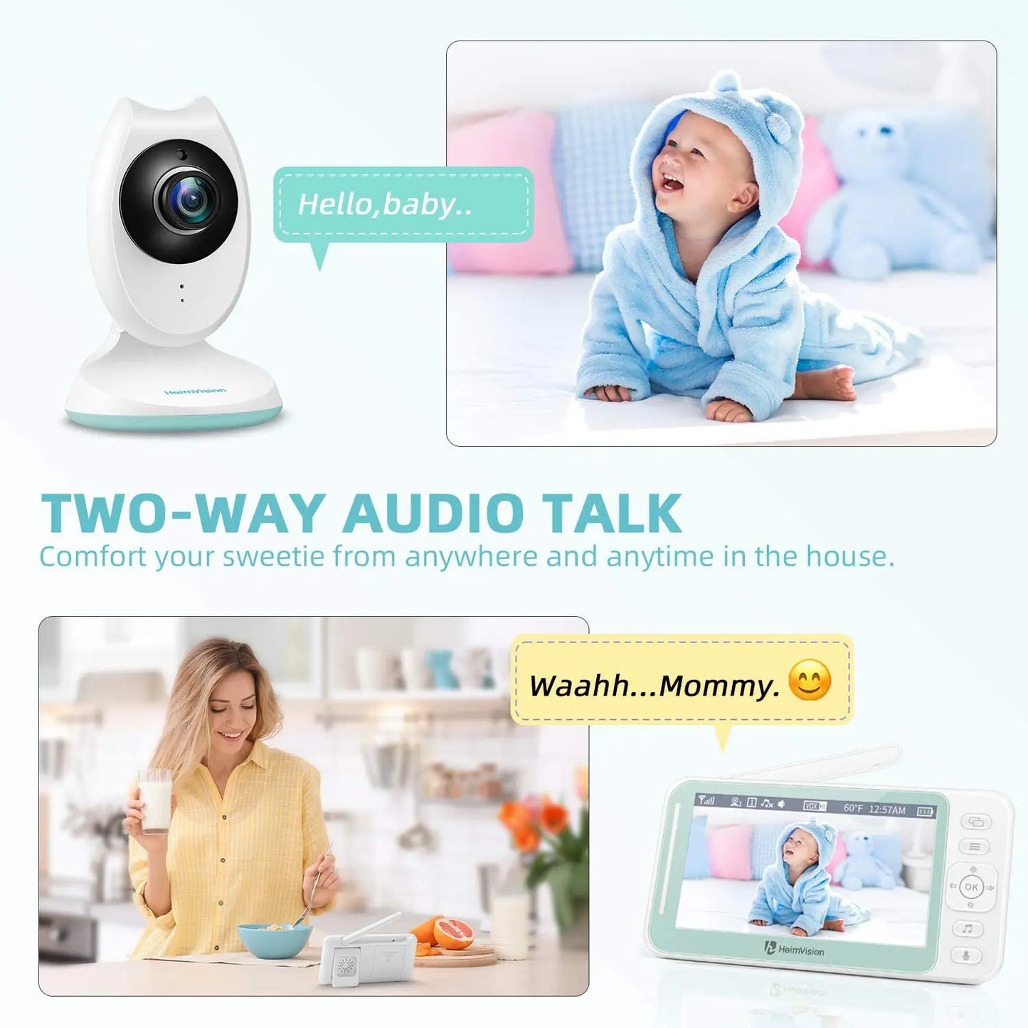 Baby Monitor with Camera Nanny 2-split Screen Night Vision VOX Mode 2 Way Audio Temperature Monitoring