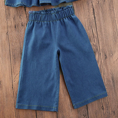 2PCS Toddler Baby Girl Denim Clothes Ruffle Tops Mini Dress Jeans Pants Outfits Set