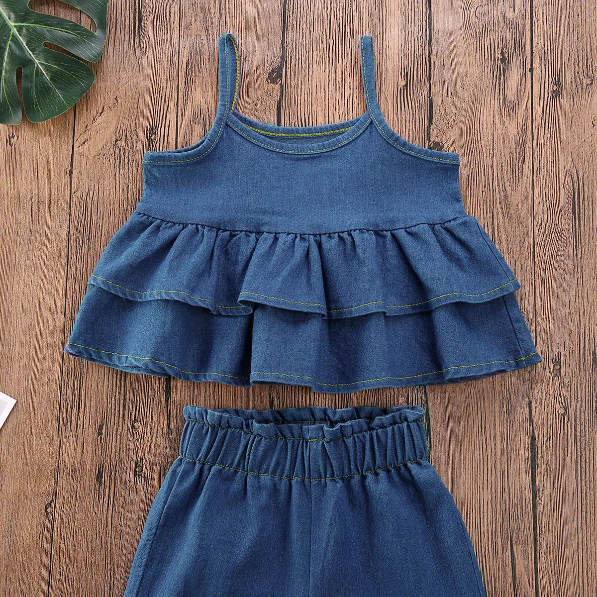 2PCS Toddler Baby Girl Denim Clothes Ruffle Tops Mini Dress Jeans Pants Outfits Set