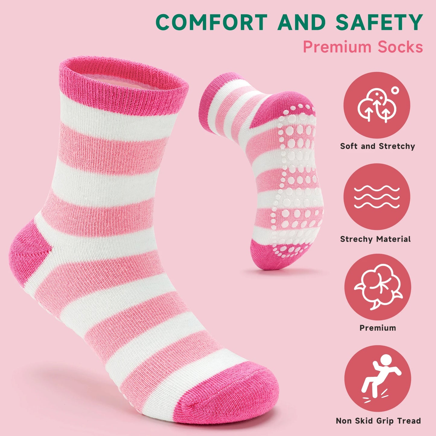 5 Pairs Baby Girls Pink Socks Toddler Non-Slip Home Socks