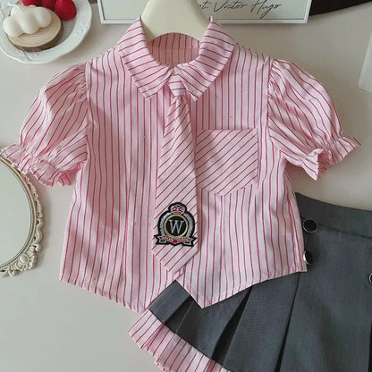 Girls Clothing Set  Short Sleeve Striped Shirt+Pleated Skirt