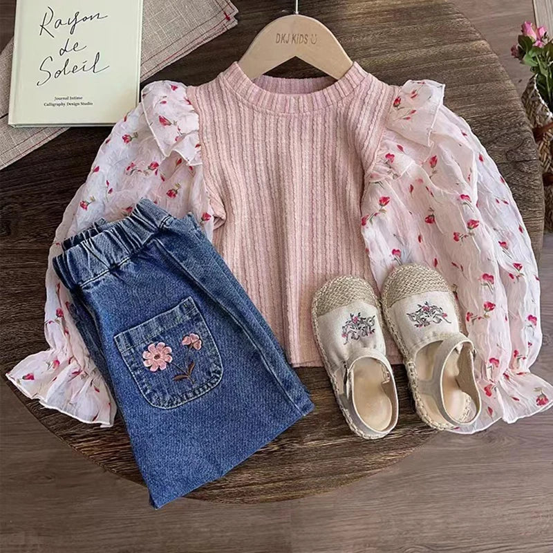 girls Clothing Set Lace Shirt+Jeans