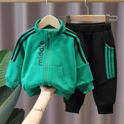 Cotton Children Clothing Set Striped Zipper Jackets + Pants