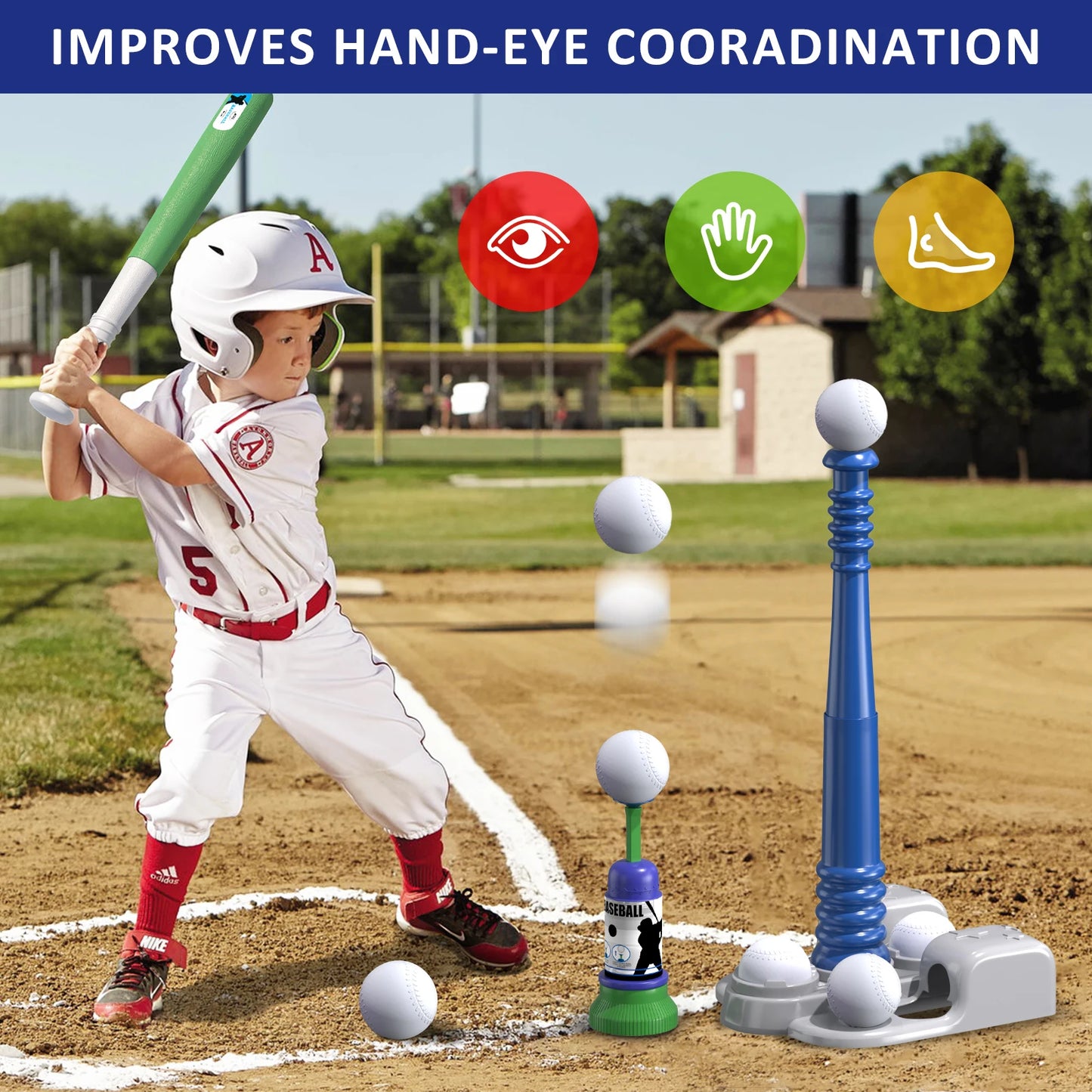 2 in 1 T Ball Sets for Kids 3-6+, with Automatic Pitching Machine