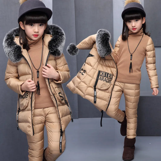 Girl Clothing Sets  Hooded Vest Jacket + Warm Top Cotton Pants