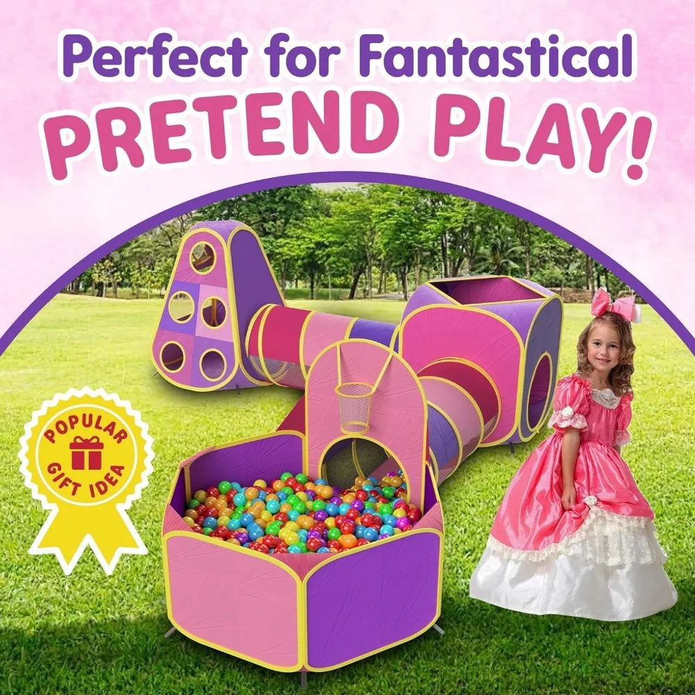 Playhouse，5pc Kids Princess Play Tent, Ball Pit With Basketball Hoop & Kids Play Tunnel