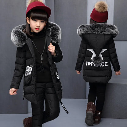 Girl Clothing Sets  Hooded Vest Jacket + Warm Top Cotton Pants