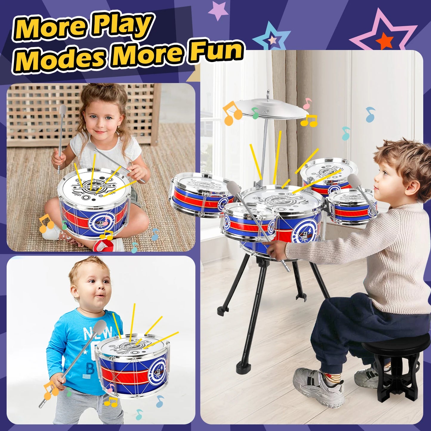 Kids Toy Drum Sets for Children Beginners Jazz Drum Set with Stool &  5 Drums Musical Instruments Toys for Boys Girls Gifts