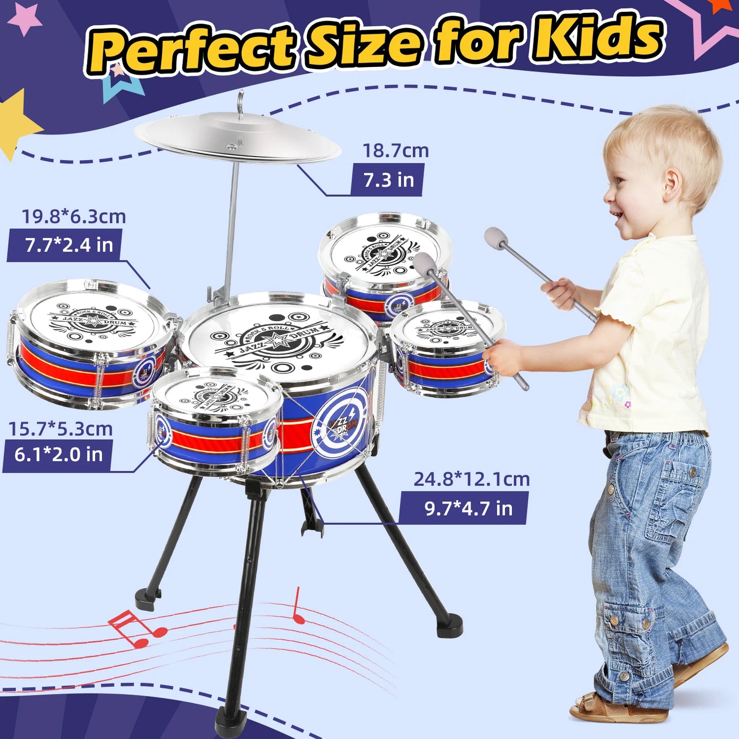 Kids Toy Drum Sets for Children Beginners Jazz Drum Set with Stool &  5 Drums Musical Instruments Toys for Boys Girls Gifts