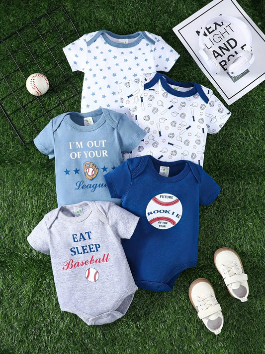 [5-piece set] Baby triangle onesie fun baseball short-sleeved