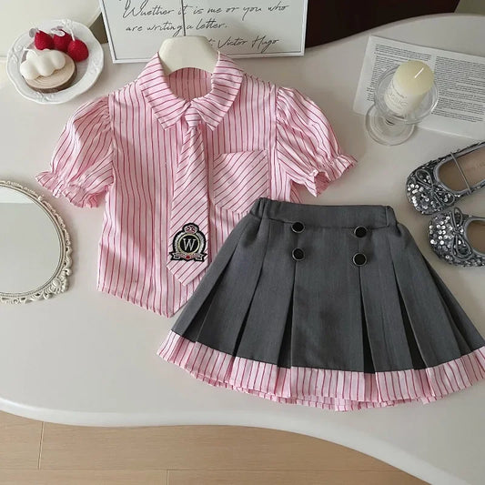 Girls Clothing Set  Short Sleeve Striped Shirt+Pleated Skirt