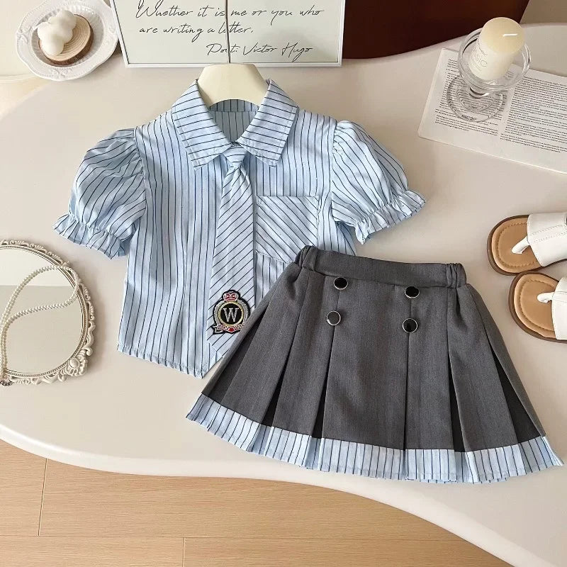 Girls Clothing Set  Short Sleeve Striped Shirt+Pleated Skirt