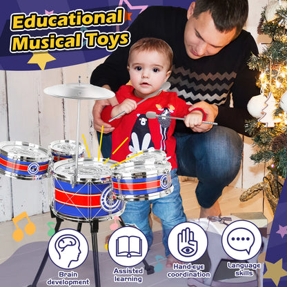 Kids Toy Drum Sets for Children Beginners Jazz Drum Set with Stool &  5 Drums Musical Instruments Toys for Boys Girls Gifts