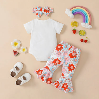 Baby Girls 0-18 Months Flower Rainbow Romper and Flared Pants Outfit Clothing Sets